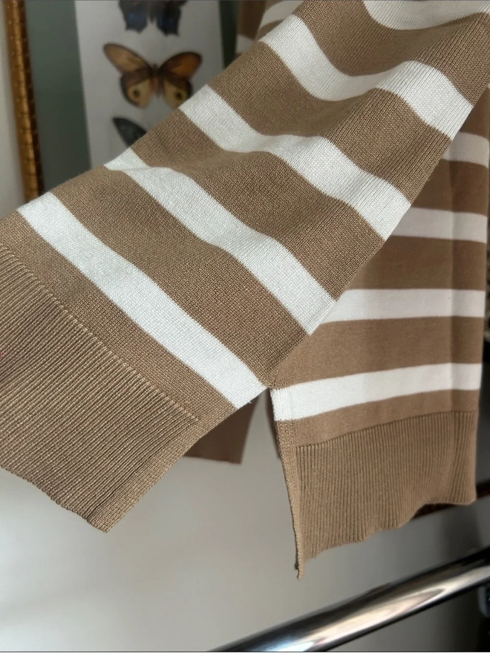 Cable & Gauge M Button-Shoulder Striped Sweater in Camel and White